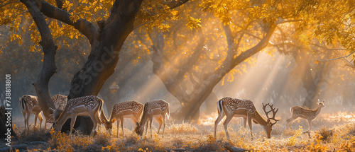Spotted Deer in Misty Golden Forest Light photo