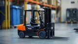 a forklift truck in a warehouse, in the style of realistic sculptures, light black and orange