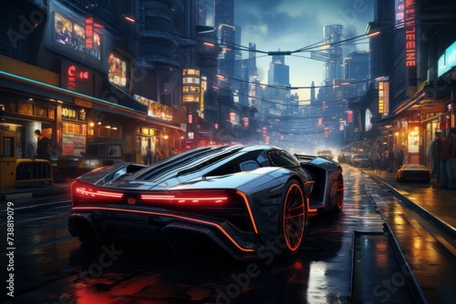 a futuristic car is driving down a wet city street at night © Yuchen Dong