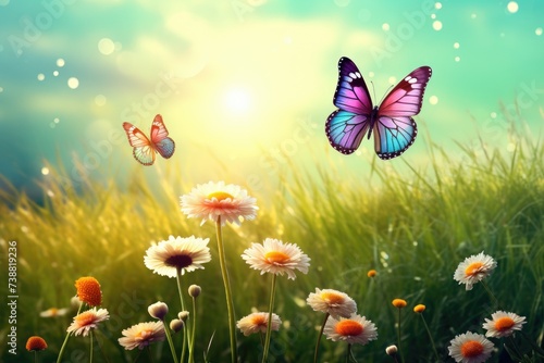 abstract colorful meadow background with flowers and butterflies © Natalia