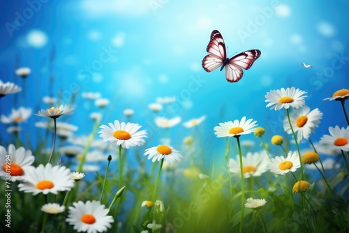 abstract colorful meadow background with flowers and butterflies