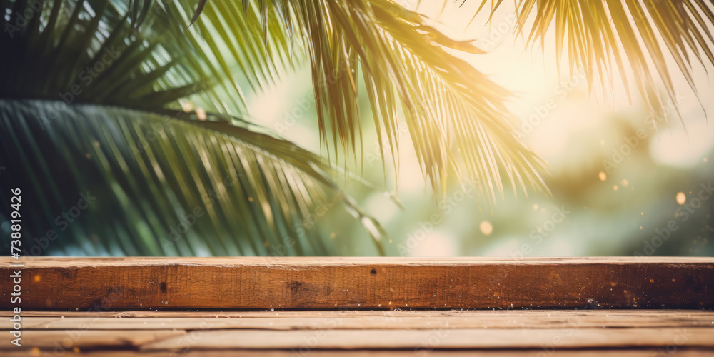 Wooden table top in the foreground on a summer tropical garden with palm trees background. Mockup table for product display Wooden table top in the foreground on a summer tropical garden with palm trees background. Mockup table for product display