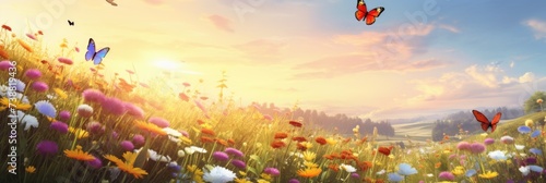abstract colorful meadow background with flowers and butterflies photo