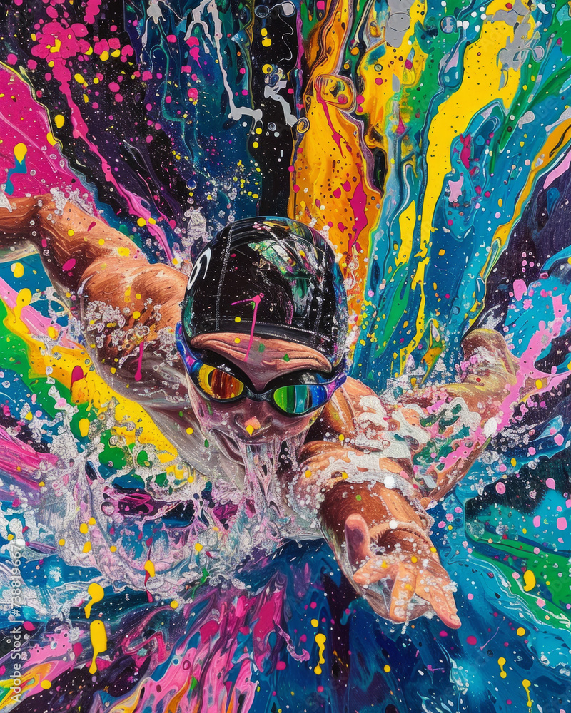 a picture of a professional Olympic swimmer, against a background of bright abstract splashes, participating in a competitive