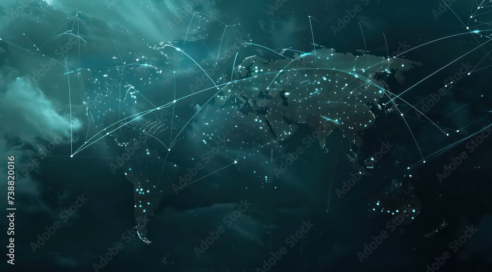 world map connected by wires, dark cyan and light black world map connected by wires, dark cyan and light black