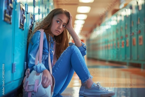 A young girl with long electric blue hair sits on the floor, her denim jeans and street fashion footwear contrasting against the indoor setting as she gazes off into the distance with a hint of melan photo