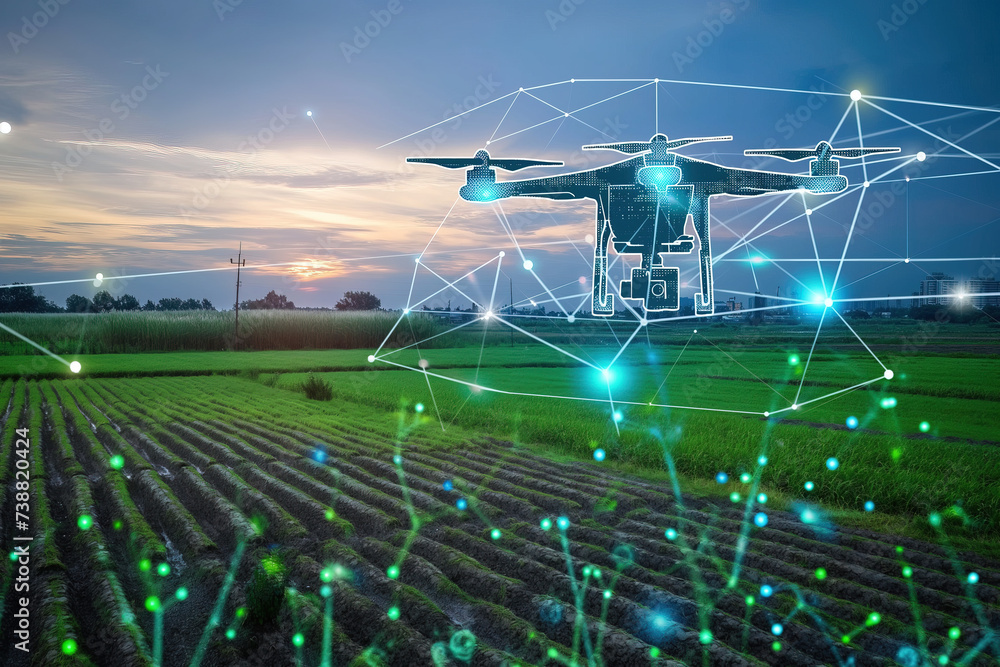 Drone technologies in agriculture and farming, UAV drone scans green agricultural fields, information 3d digital virtual projection graphic, futuristic	
