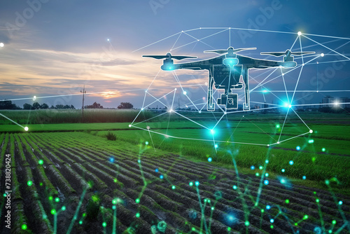 Drone technologies in agriculture and farming  UAV drone scans green agricultural fields  information 3d digital virtual projection graphic  futuristic  