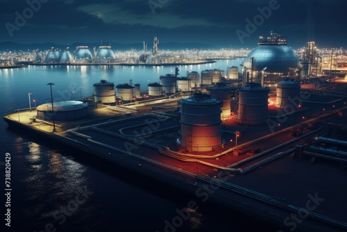 Aerial view of oil storage container farm at night in oil refinery plant factory.