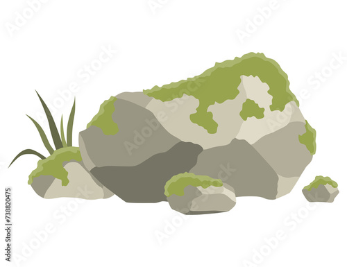 Rock stone formations. Small boulder mountain with grass and moss, big icon with rocky texture, heavy piles. Cobblestones of various shapes, hard rock rubbles. cartoon background