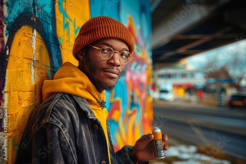 A bespectacled man in a stylish hat defies convention as he brandishes an orange spray can on the busy street, showcasing his bold and rebellious sense of fashion photo