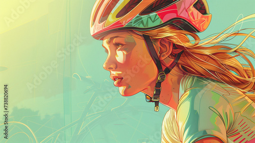Woman cyclist with flowing hair and helmet. Graphic artwork photo