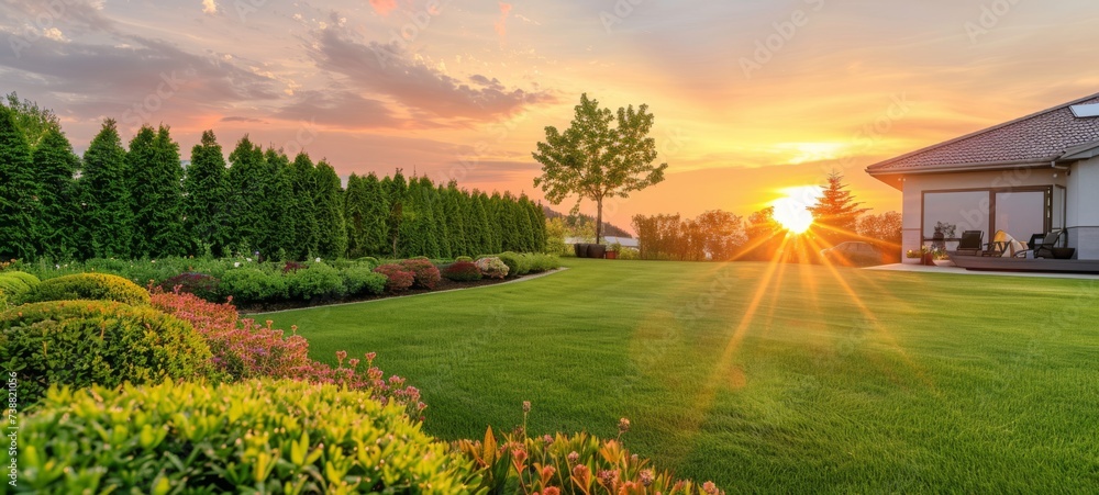 Obraz premium Manicured garden at sunset with lush green lawn and colorful flower beds, ideal for real estate, landscaping, and gardening.