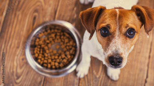 Jack Russell Terrier looks up expectantly, waiting to eat from a full bowl of dog food on a wooden floor
