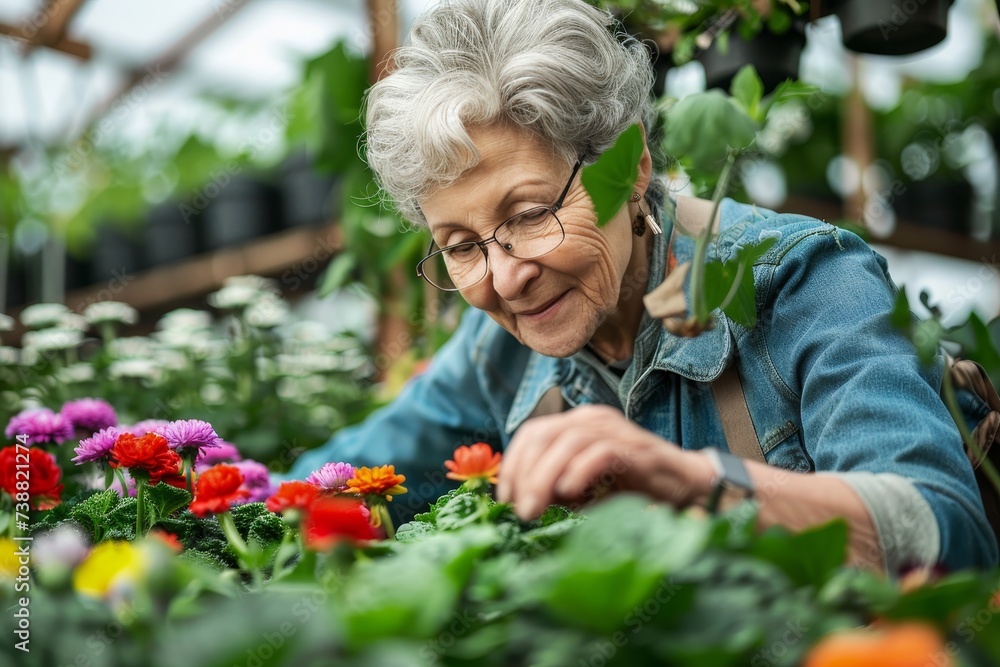 A woman adorned in floral clothing tends to her annual plants in a peaceful garden, her human face glowing with joy and contentment A woman adorned in floral clothing tends to her annual plants in a peaceful garden, her human face glowing with joy and contentment