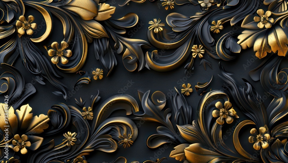 black and gold decorative floral ornament, in the style of naturalistic compositions black and gold decorative floral ornament, in the style of naturalistic compositions