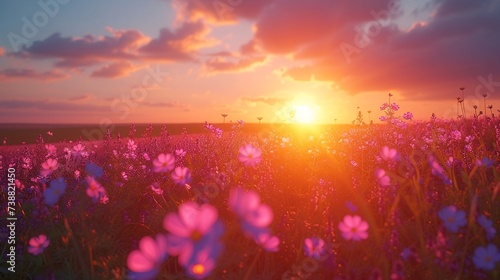 a field of flowers with the sun setting behind it