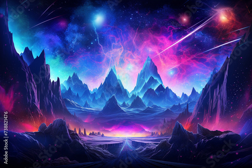 mountains with abstract neon background
