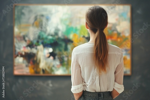 Eine junge Frau sieht sich Kunstwerke bei einer Kunstausstellung an 