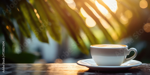 Cup of Coffee or Cappuccino on a table in tropical garden on a palm tree leaves background. Coffee in Summer Cafe  outdoor