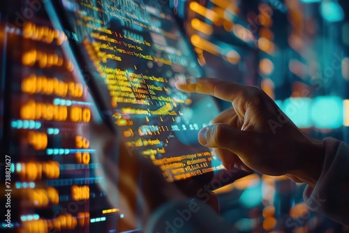 businessman using tablet device with a computer screen with code written on it, in the style of futuristic imagery