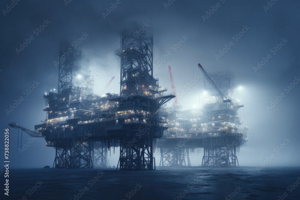 Offshore oil drill platform in sea at night.