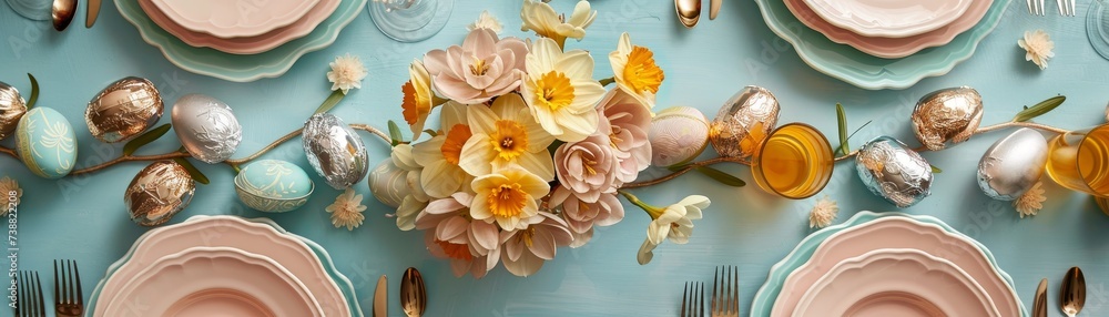 Charm of Easter Table - Daffodils, Pastel Plates, and Chocolate Eggs in Elegant Setting