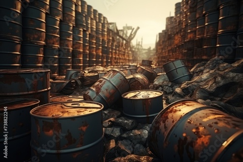 A large quantity of old used oil barrel containers. Generated by AI photo