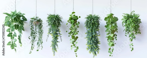 four hanging plants, from a variety, in the style of photorealistic compositions, white and green