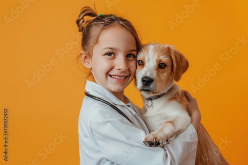 girl doctor in the white coat with a dog on an orange background
