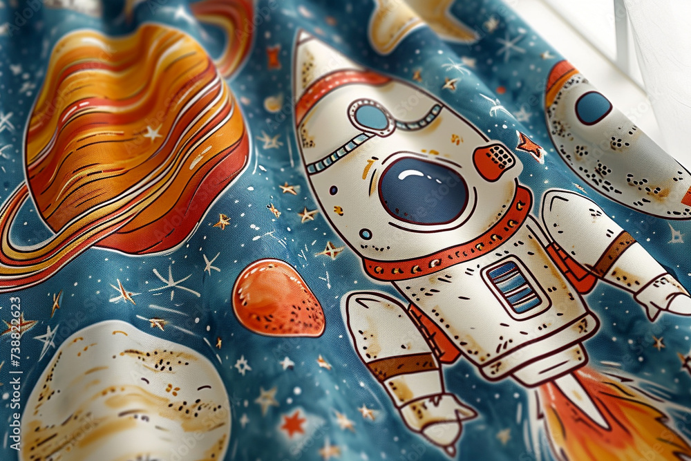 Design children's room curtains in the style of astronauts and a cosmic comic style theme