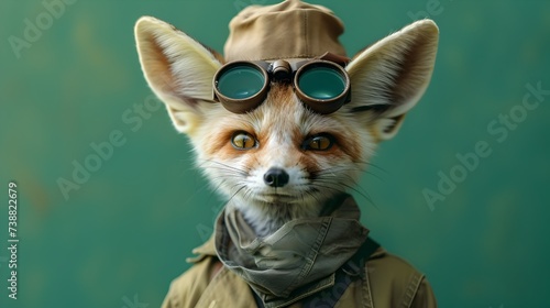 Fennec Fox  in Red Jacket  Goggles with Green Background photo