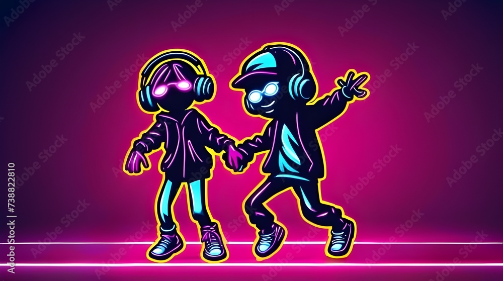 Cute couple dance on neon background. Stickman character doing a hip hop dance. Couple in stick figure dances in party. Dancing people icon, stickman illustration, stick figure dance. Sketch cartoon 