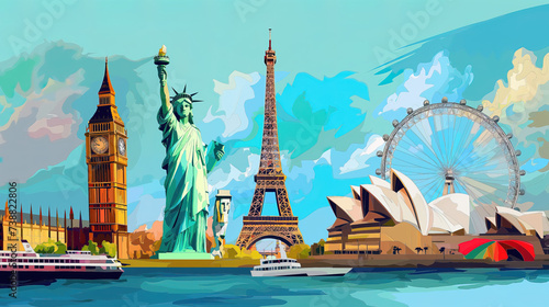World landmarks travel illustration - Eiffel tower, Big Ben, Liberty statue, USA, Europe, France