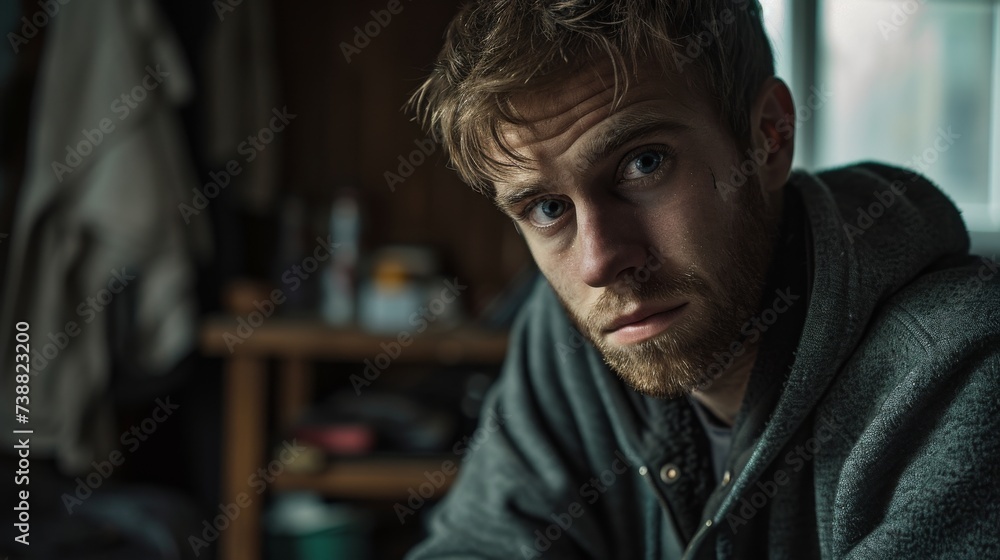 Portrait of a seated handsome young man with a sad face Portrait of a seated handsome young man with a sad face
