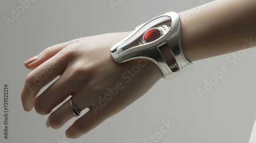 Woman's hand with smart watch on gray background, close-up