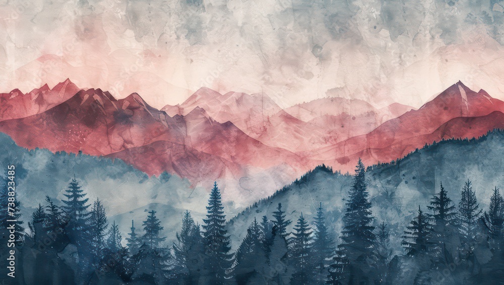 mountain wallpaper for desktop with watercolor scenery and trees, in the style of dark red and light cyan