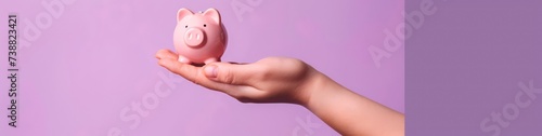 mother hand holding a pink piggy bank on a purple background