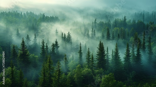 Misty landscape of fir forest in Canada photo