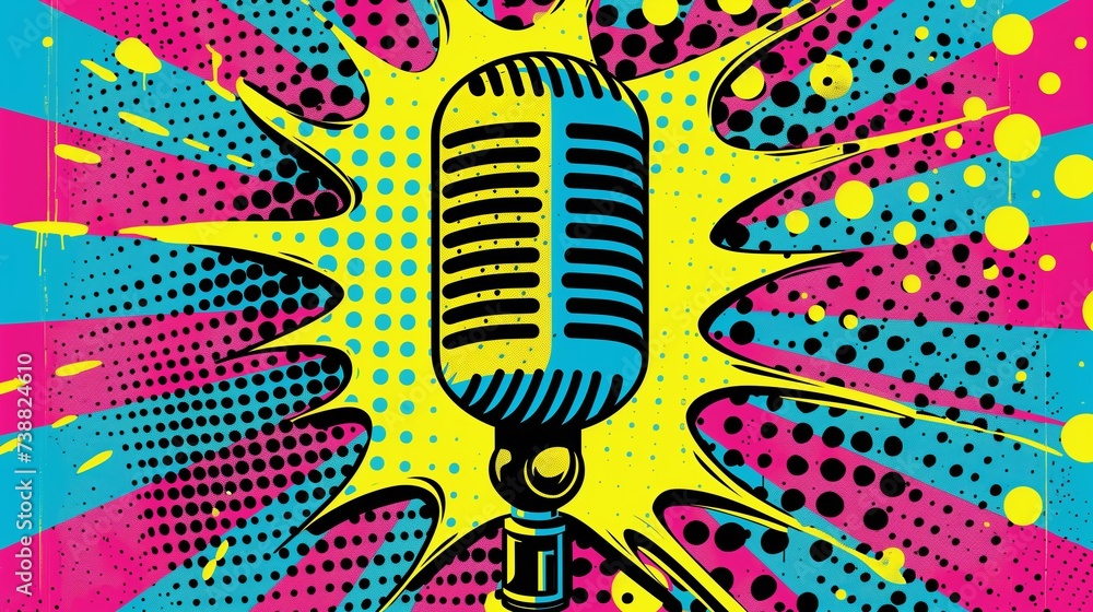Fototapeta premium comics pop art style podcast microphone in a frame in bright bold colors