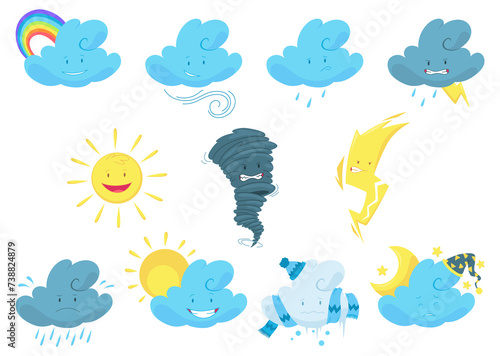 Cute weather icon set. Emotional weather forecast. Cute sun and happy clouds