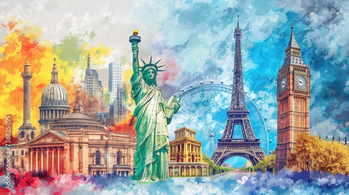 World landmarks travel illustration - Eiffel tower, Big Ben, Liberty statue, USA, Europe, France, colorful graffiti