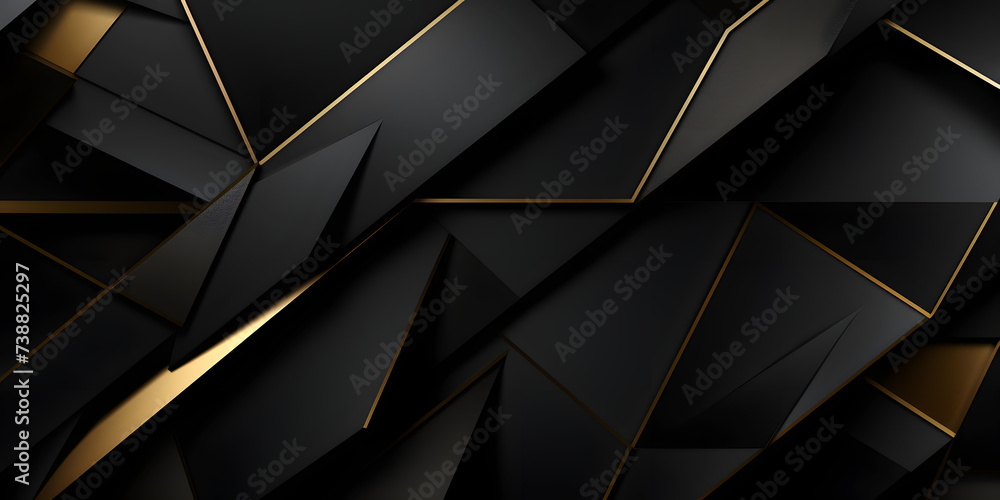 Modern black geometric shapes with gold trim on a luxurious background - obrazy, fototapety, plakaty 