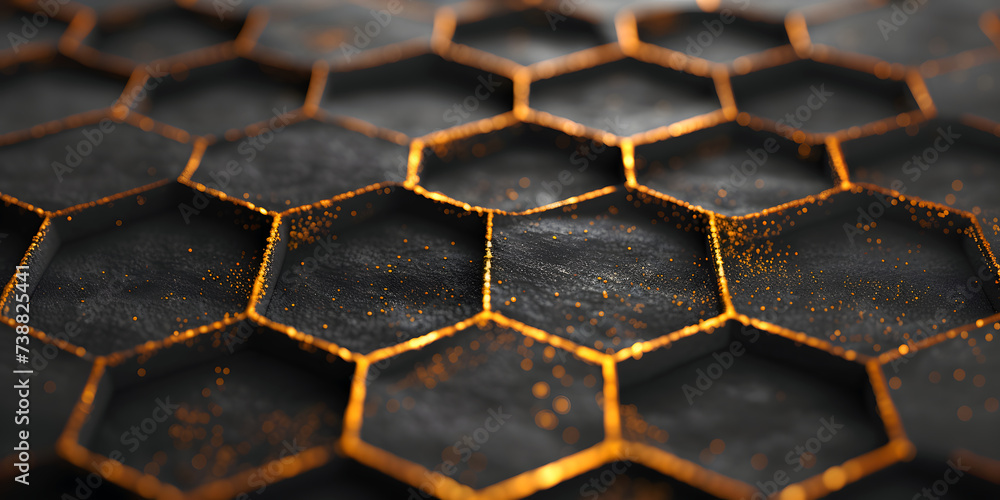 Modern black hexagon shapes with gold trim on a luxurious background Modern black hexagon shapes with gold trim on a luxurious background