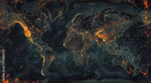 world map of network coverage and location, in the style of dark aquamarine and orange photo