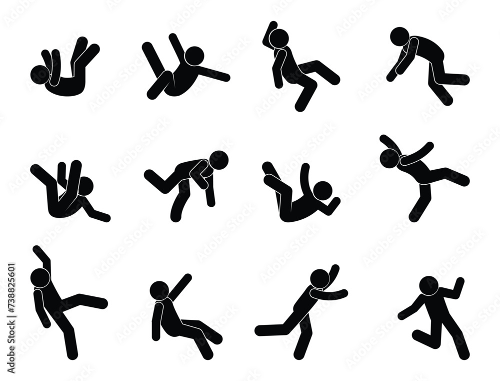 man fell, stick figure icon people falling on slippery floor