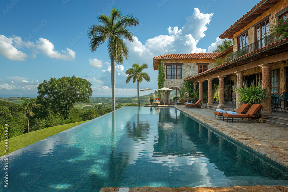 Luxury villa with a swimming pool in a tropical country, on a beautiful sunny day, picturesque scenic