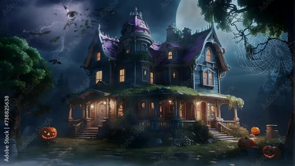 castle or house empty at night. spooky and haunted. Halloween. seamless looping animated videos castle or house empty at night. spooky and haunted. Halloween. seamless looping animated videos