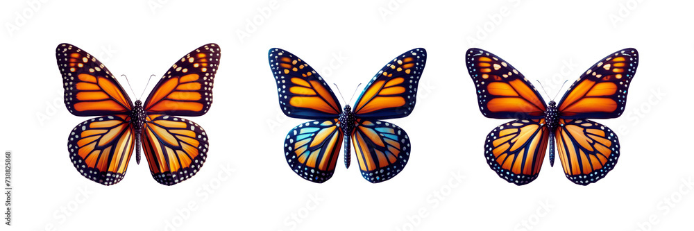 Fototapeta premium Set of beautiful Monarch Butterfly cut out, illustration, isolated over on transparent white background