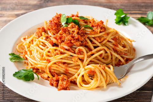 Tuna Spaghetti, pasta with tuna sauce, classic Italian recipe tuna pasta